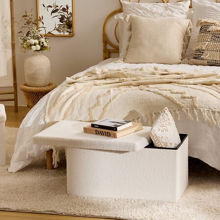 Bancă cu spațiu de depozitare Jaiko, Boucle, Alb, 76x38 cm