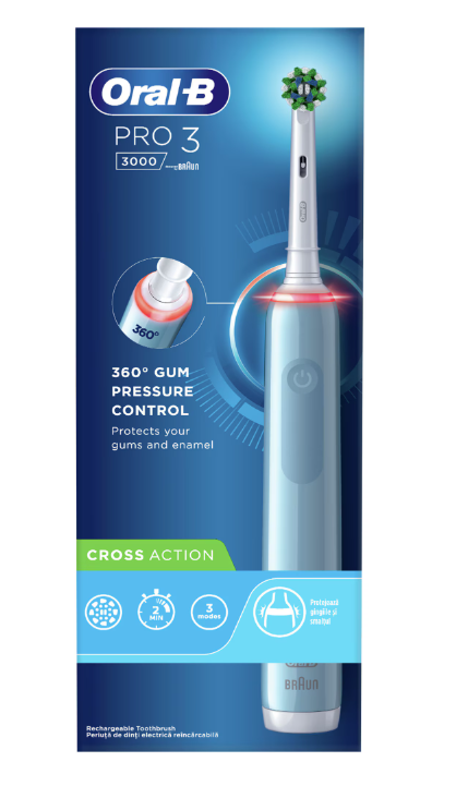 Periuță de dinți electrică Oral-B Pro 3 Cross Action 759752, Albastră