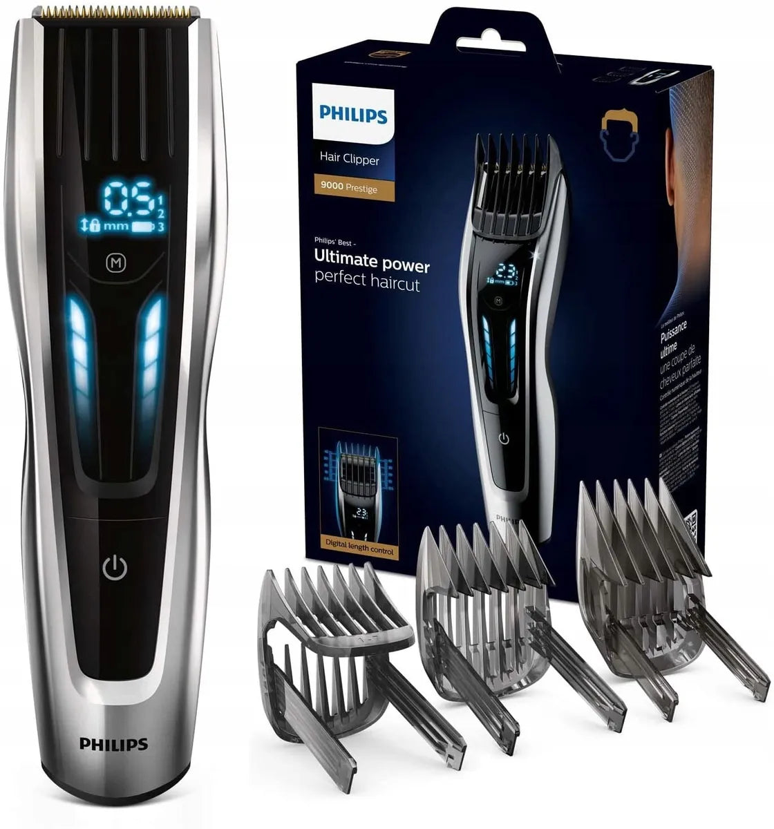 Mașină de tuns Philips HC9450/15, baterie Li-ion, 0,5-42 mm, 400 de niveluri, lame din titan, negru/argintiu
