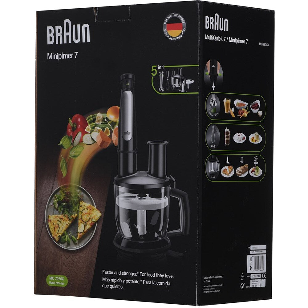 Blender Braun MultiQuick 7075X, 1000 W, Cană gradată 0,6 l, Tocător, Tel pentru ouă, Răzătoare, Viteză reglabilă, Negru