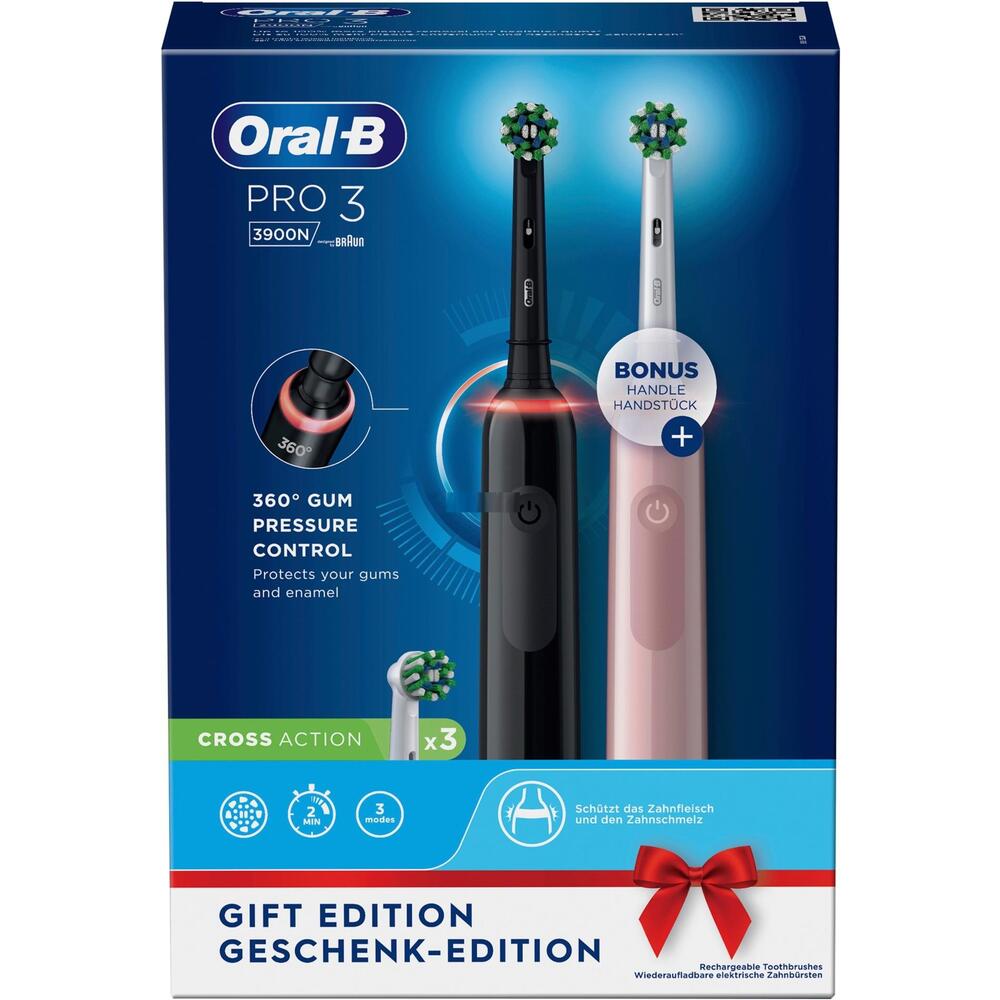 Set de 2 periuțe de dinți electrice Oral-B Pro 3-3900, roz și negru