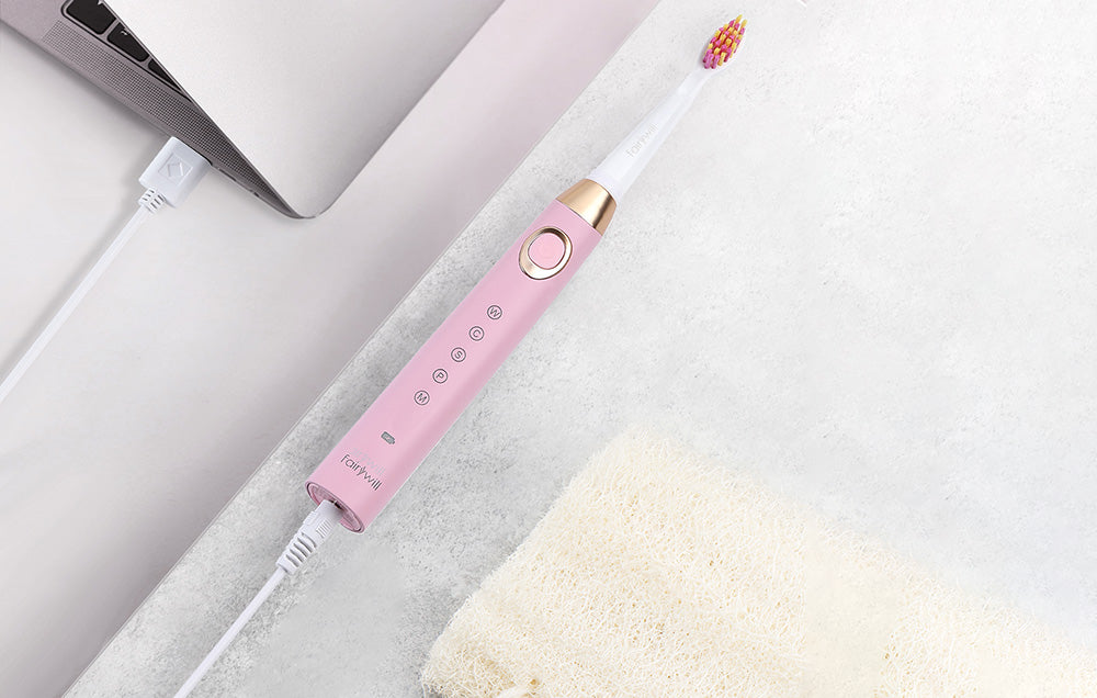 Periuță de dinți electrică cu ultrasunete FairyWill FW-508 cu 8 rezerve și husă, roz