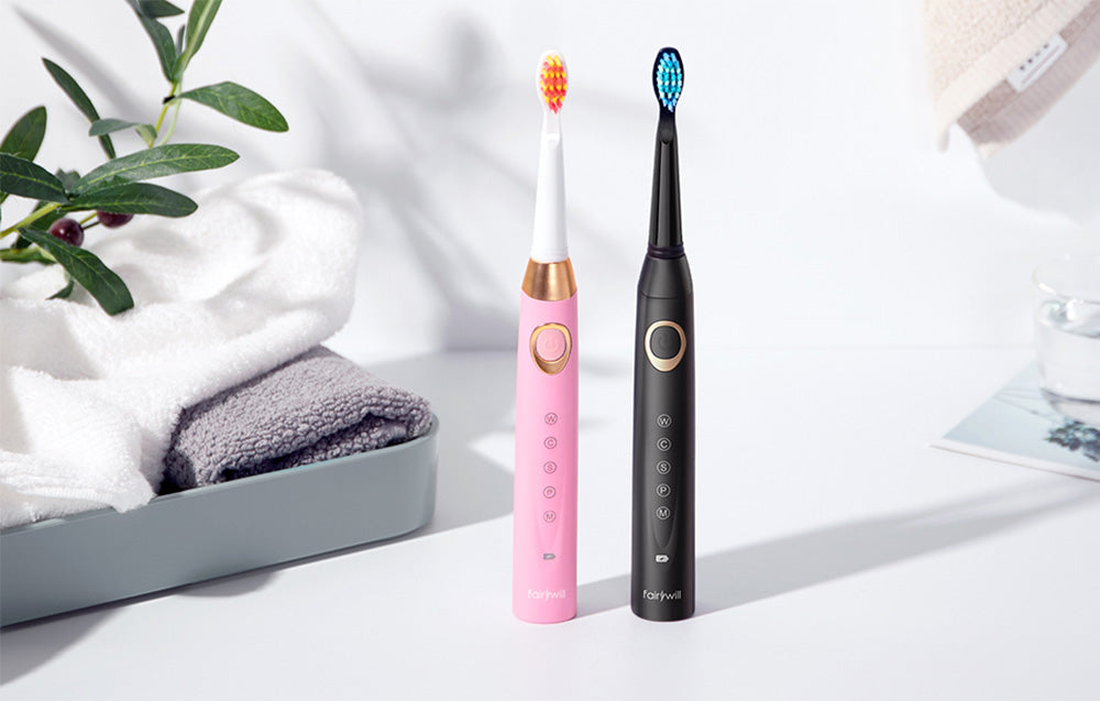 Set de periuțe de dinți electrice cu ultrasunete FairyWill FW-508 cu 8 capete de periuță și husă, negru/roz