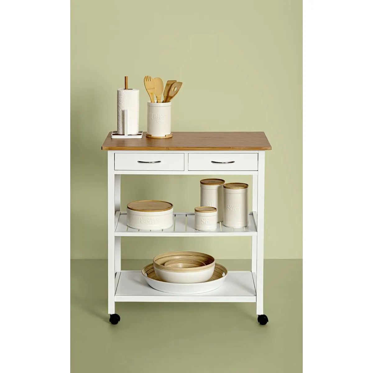 Cărucior de bucătărie 5five, Mare, Lemn alb și bambus, Cu efect