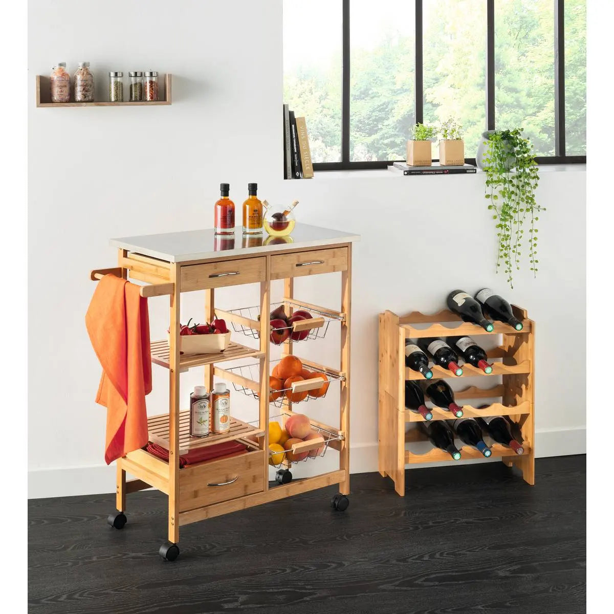 Cărucior de bucătărie 5five, mare, bambus, cu blat metalic