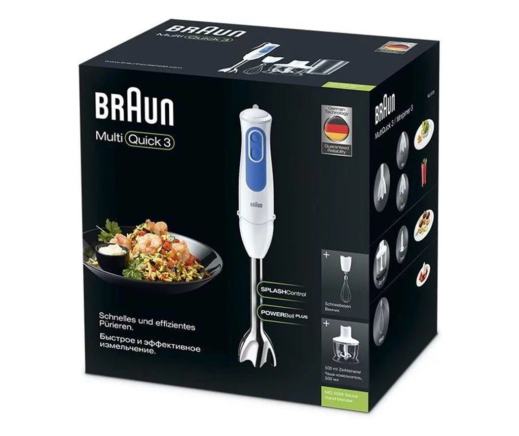 Blender pentru sos Braun MultiQuick 3035 WH, 700W, 2 viteze, Tocător 0.5 l, Pahar gradat din sticlă 0.6 l, Sârmă, Alb/Albastru