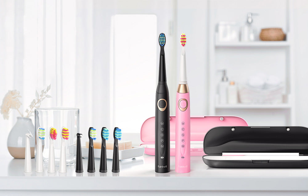 Set de periuțe de dinți electrice cu ultrasunete FairyWill FW-508 cu 8 capete de periuță și husă, negru/roz