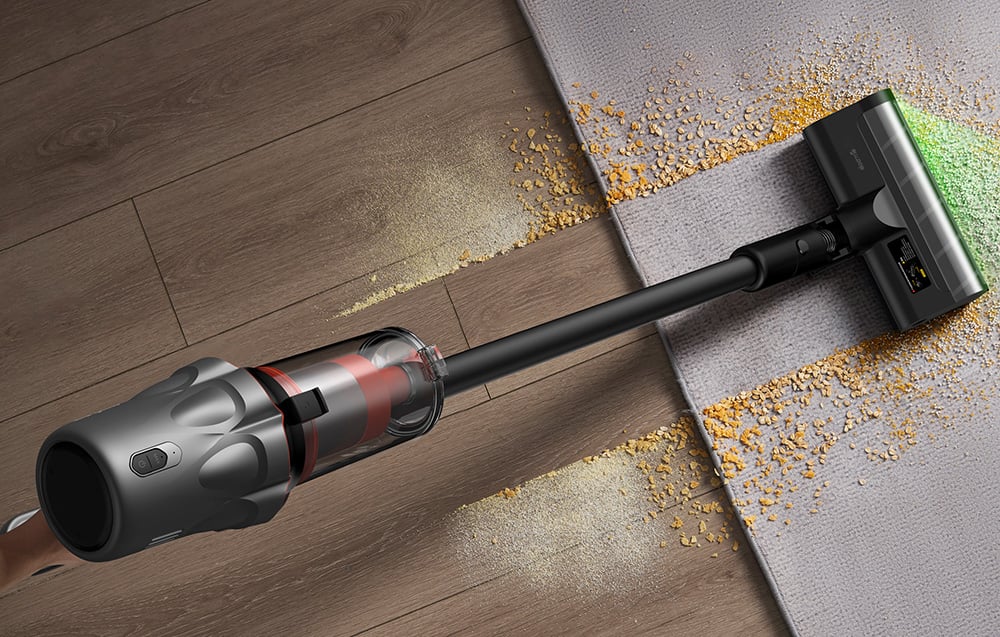 Aspirator vertical Deerma DEM-T30W cu stație, 240W, 23kPa, Lampă optică, Fără fir, Negru