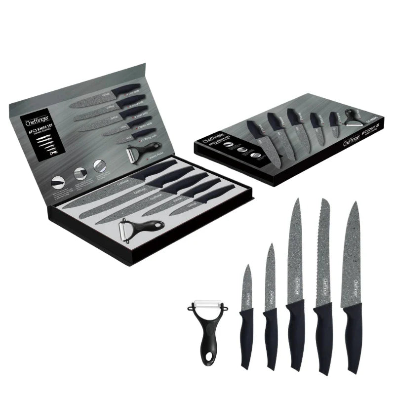 Set de cuțite Cheffinger MB06 cu curățător de pâine, 6 piese, acoperire antibacteriană, granit