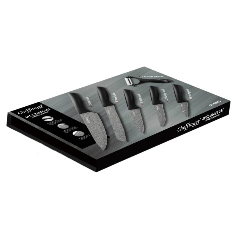 Set de cuțite Cheffinger MB06 cu curățător de pâine, 6 piese, acoperire antibacteriană, granit