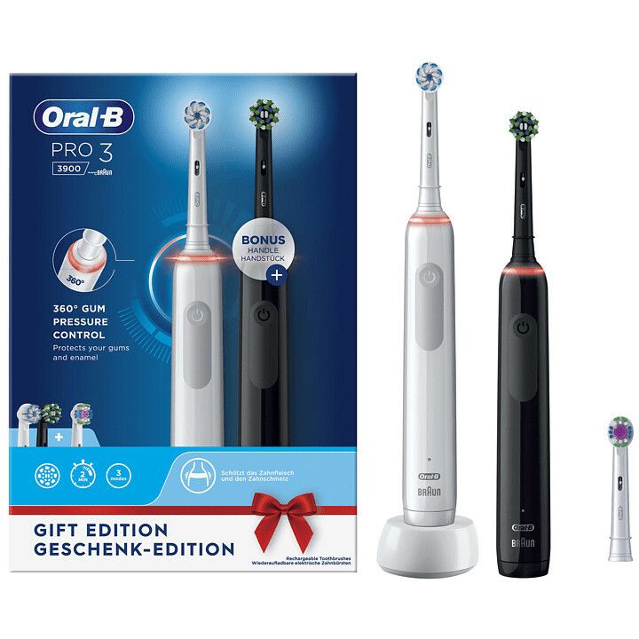 Set de 2 periuțe de dinți electrice Oral-B Pro 3 Cross Action, Negru, Alb