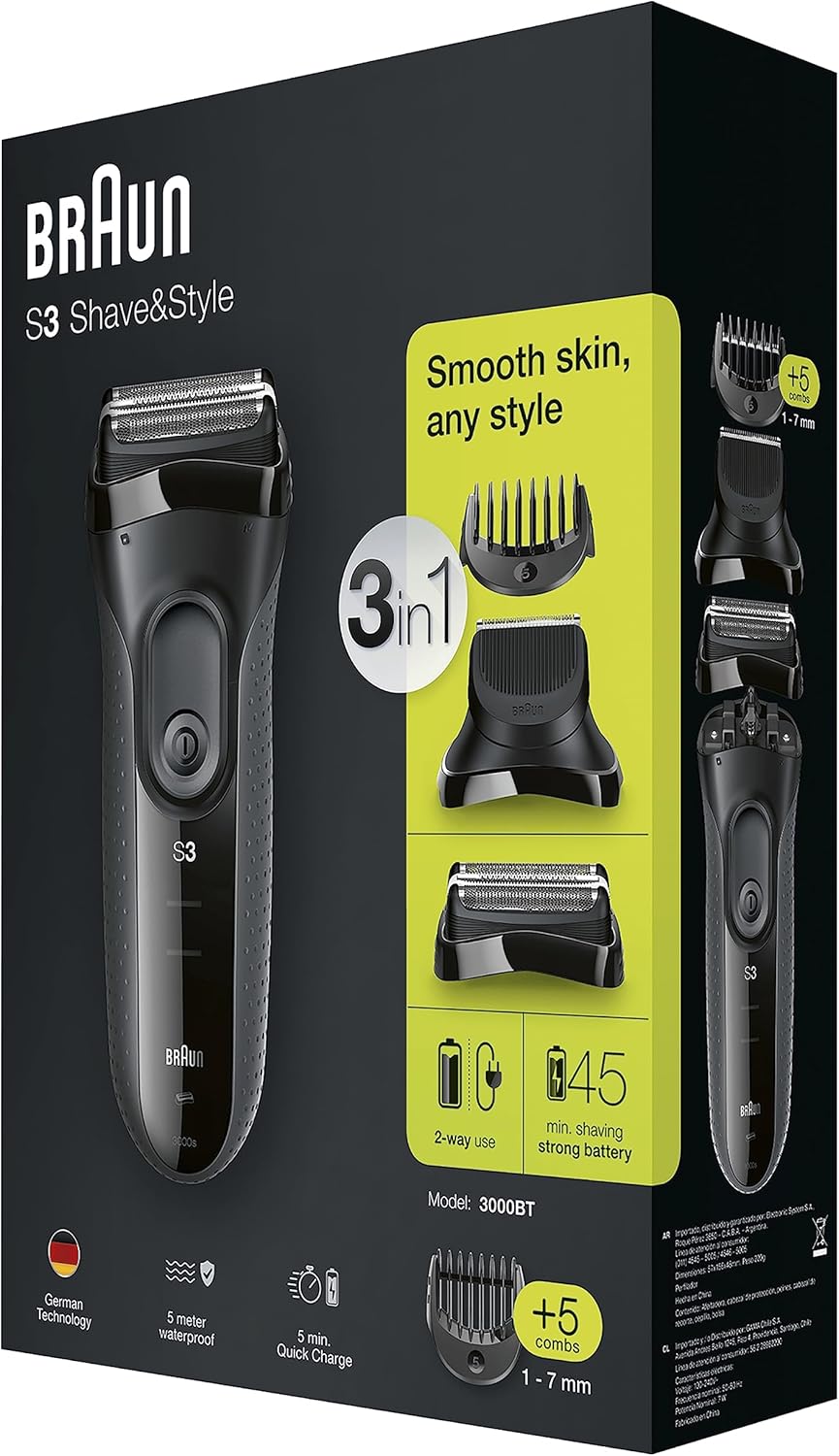 Aparat de ras Braun 3000BT Shave&Style 3 în 1, aparat de tuns, 5 accesorii de bărbierit, gri