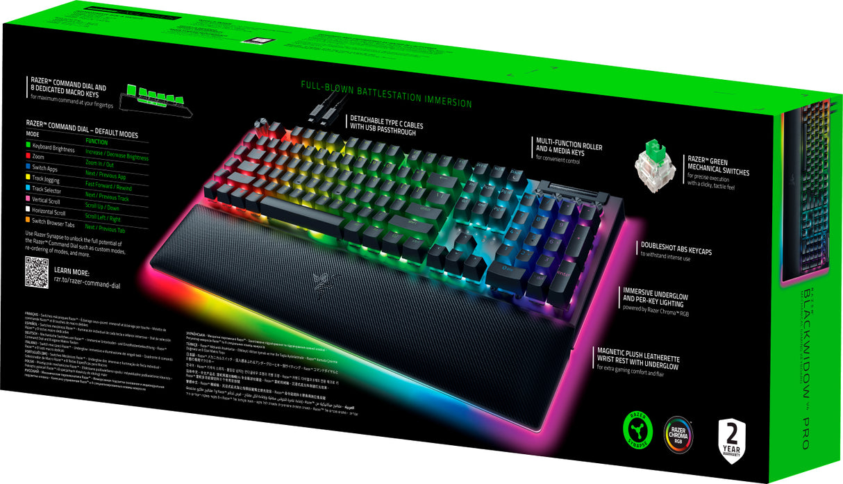 Tastatură de gaming Razer BlackWidow V4 Pro, switch-uri optice verzi, multicoloră