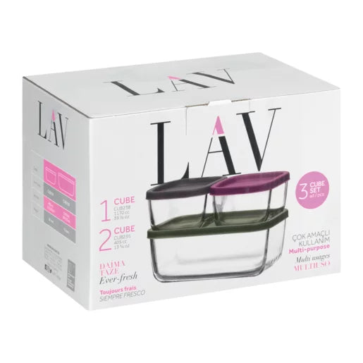 Set de 3 cutii LAV Cube din sticlă, capac gri