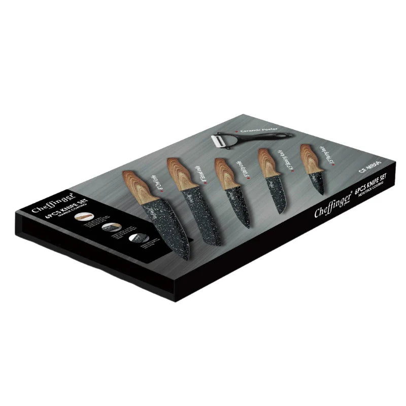 Set de cuțite Cheffinger MB06 cu curățător de pâine, 6 piese, acoperire antibacteriană, lemn