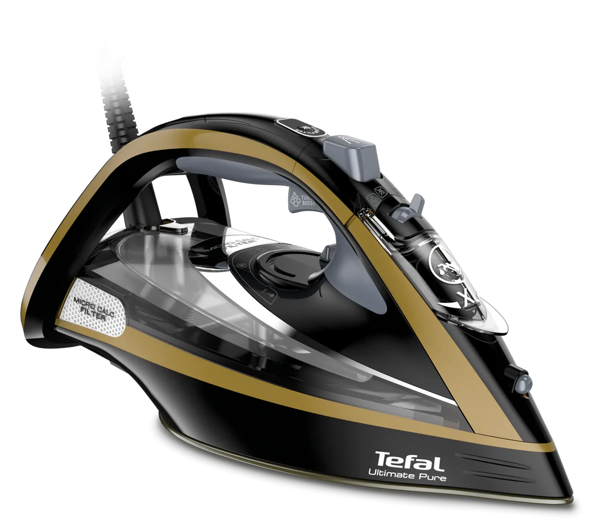 Fier de călcat Tefal Ultimate Pure FV9865, 3000 W, Jet de abur 250 g/min, Abur variabil 0-60 g/min, Rezervor de apă 350 ml, Talpă Durilium AirGlide Autoclean, Oprire automată, Negru/Auriu