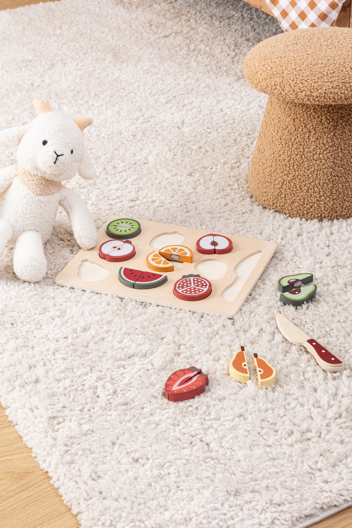 Jucărie pentru copii din lemn cu oală cu fructe, MDF 30x22 cm