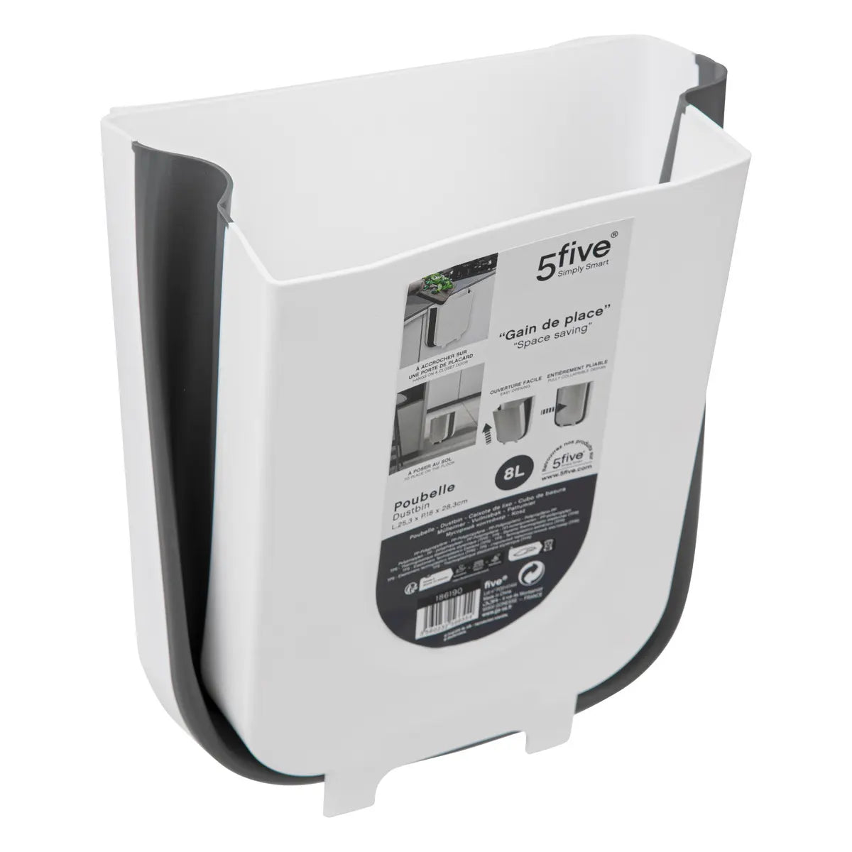 Coș de gunoi 5five, Gri/Alb, Plastic, 8 l, Pliabil