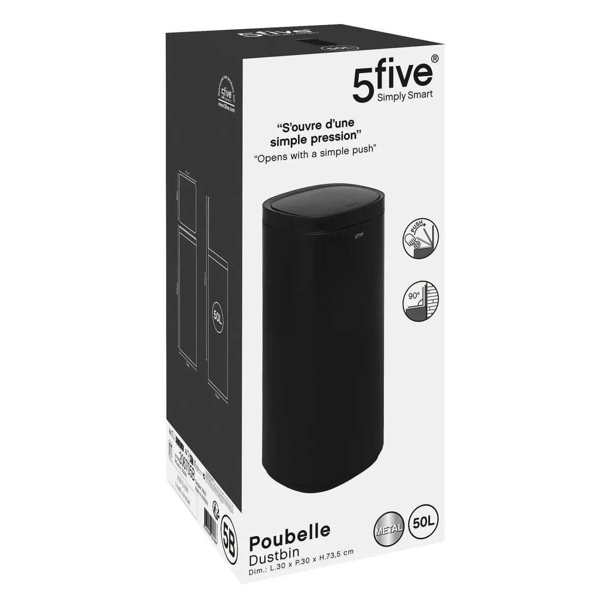 Coș de gunoi 5five, rotund, oțel inoxidabil, buton, 50 l