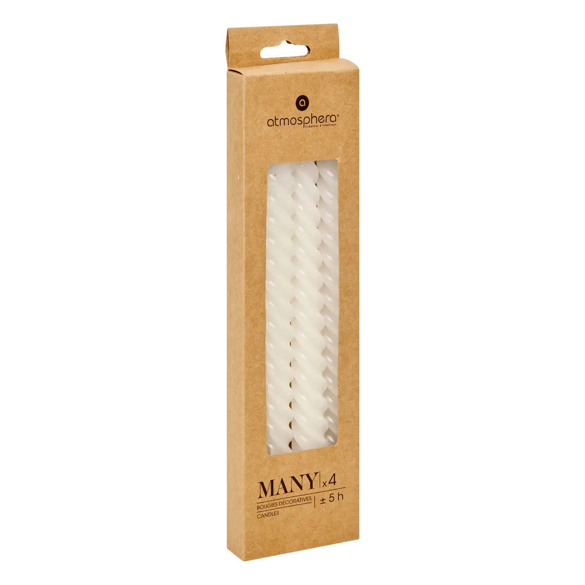 Set de lumânări neparfumate Atmosphera Many, 4 lumânări răsucite, 25 cm, Alb