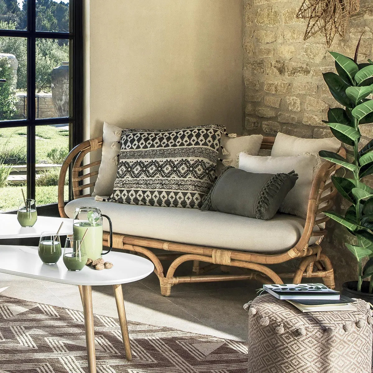 Canapea Atmosphera Farah cu două locuri, Ratan, Alb, 152x80.5x75 cm