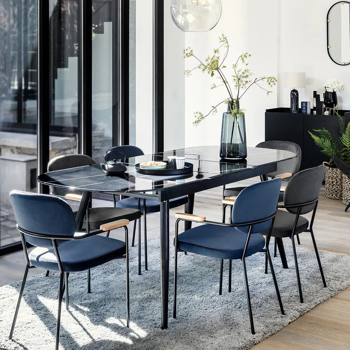 Masă extensibilă Mapu, 160-200x90 cm, sticlă securizată cu efect de marmură