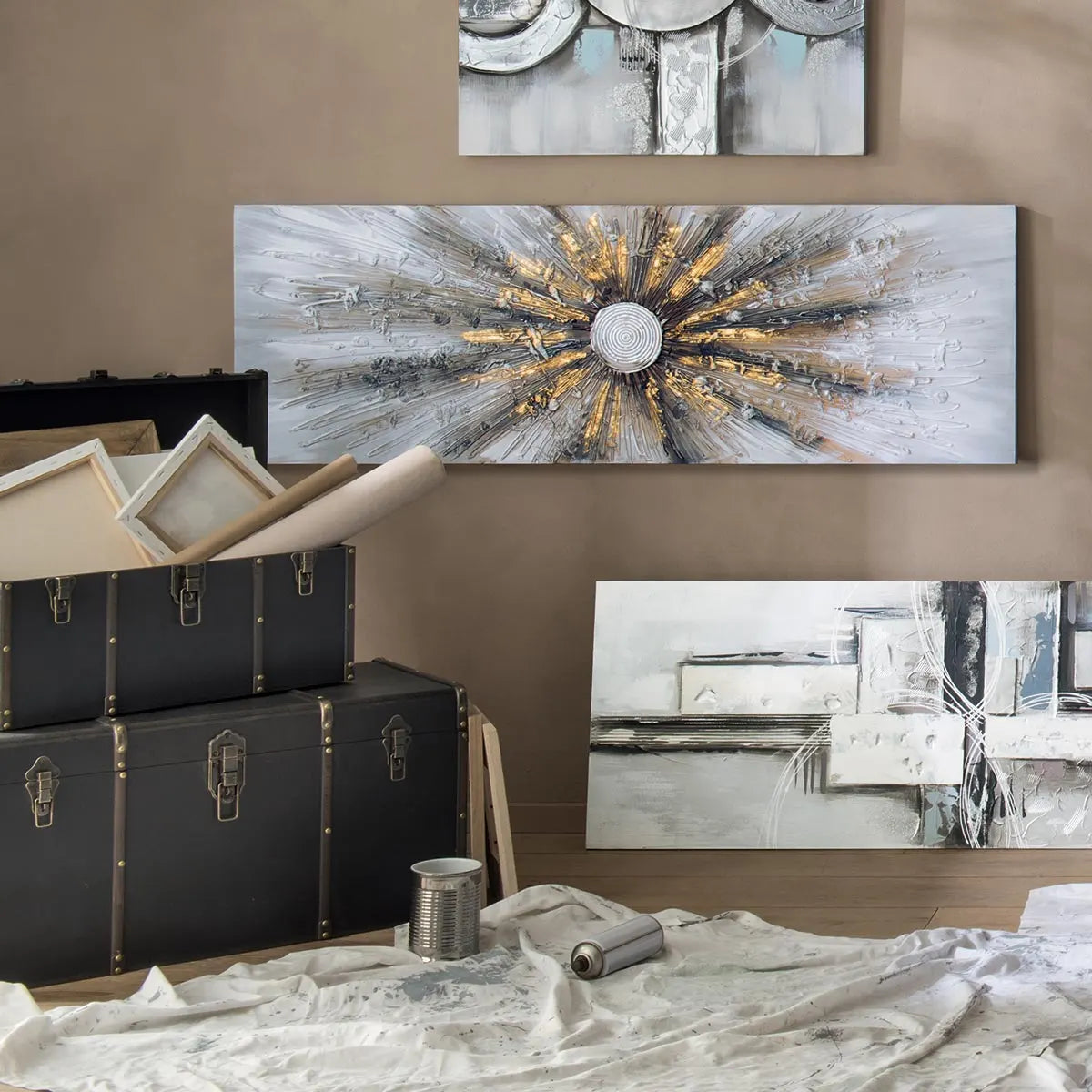 Pictură Atmosphera Kylia, Pânză pictată manual 150x150 cm, Auriu, Modele asortate