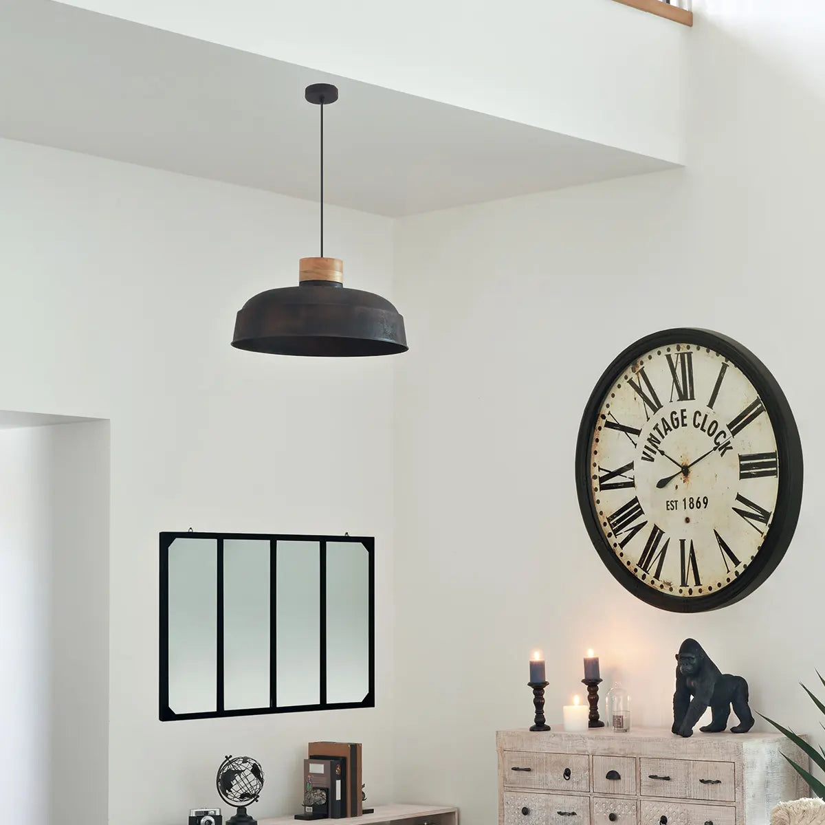 Lampă suspendată Atmosphera Prao, 57 cm, Metal gri, Lemn