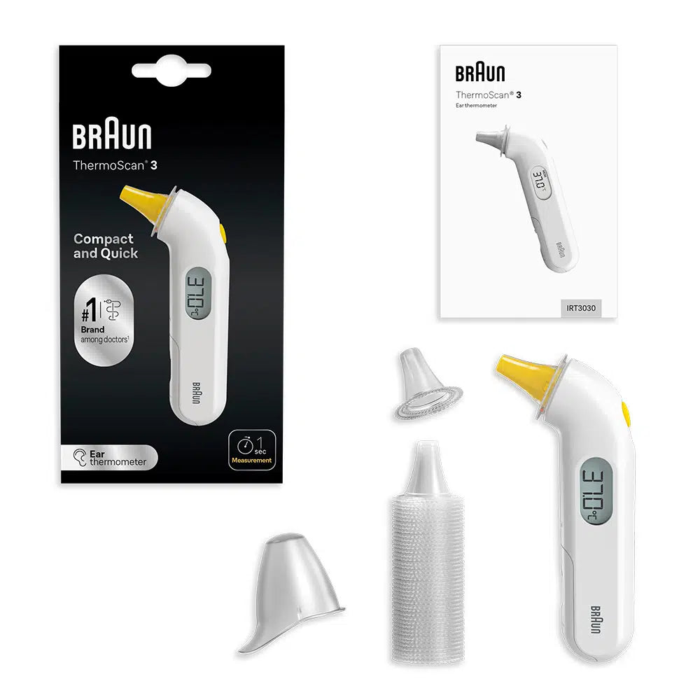 Termometru auricular Braun ThermoScan 3, indicator de febră, măsoară într-o secundă, alb