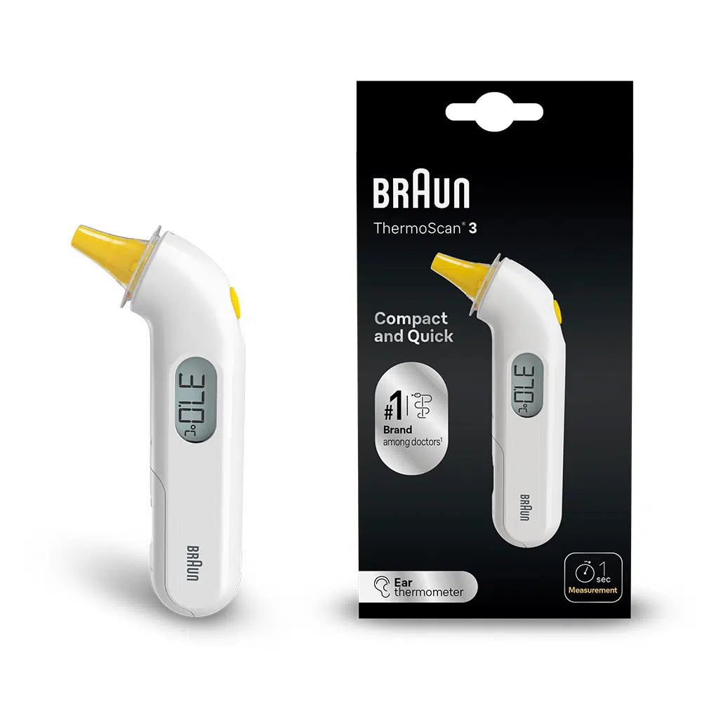 Termometru auricular Braun ThermoScan 3, indicator de febră, măsoară într-o secundă, alb