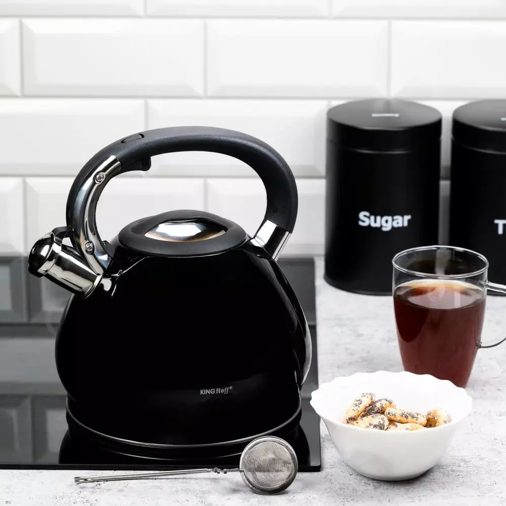 Fierbător cu fluierat KingHoff 1221, 3,4 L, efect de marmură, inducție, negru