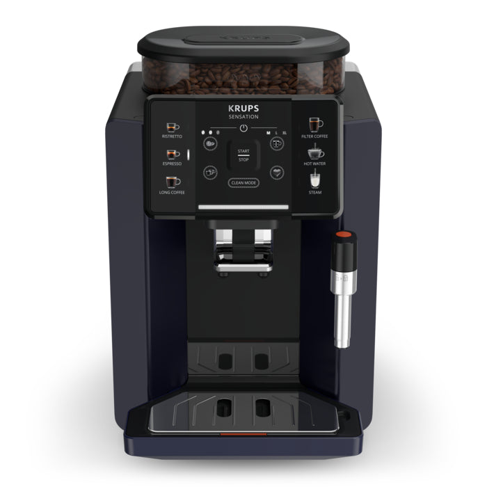 Espressor Krups Sensation EA910B10, 5 rețete, ecran tactil, presiune 15 bar, capacitate rezervor cafea 260 g, duză abur, 1450 W, sistem compact Thermoblock, negru/violet