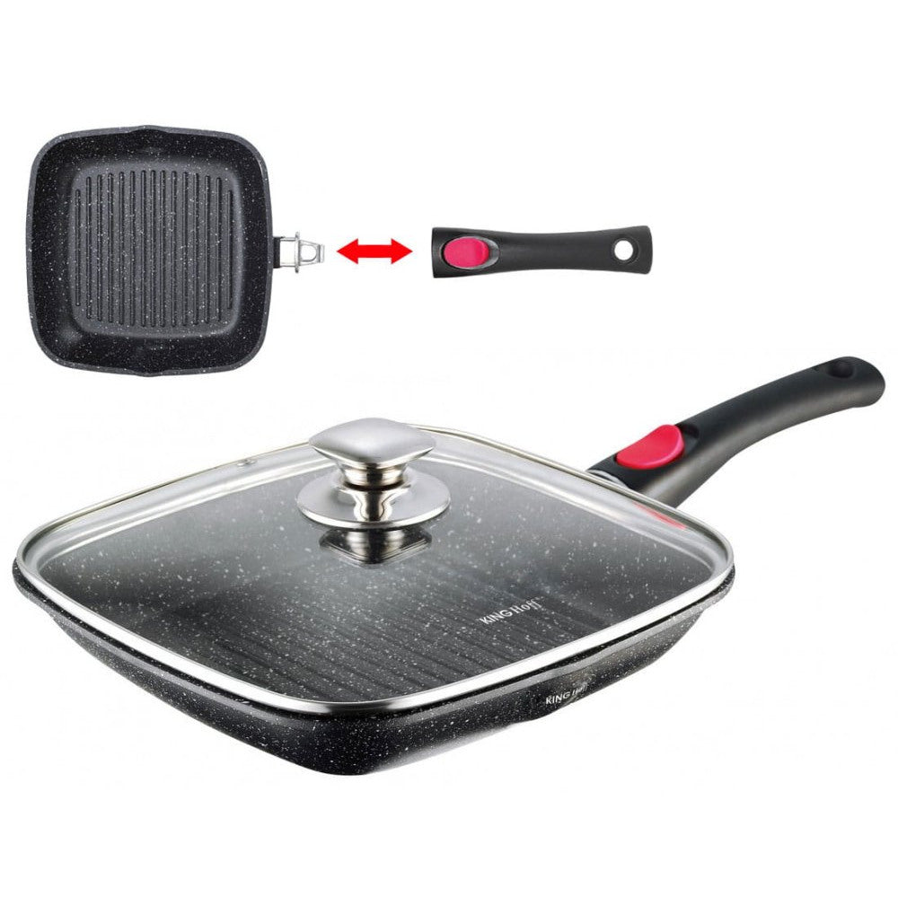 Tigaie grill KingHoff 1511, 28 cm, acoperire din marmură, capac și mâner detașabil