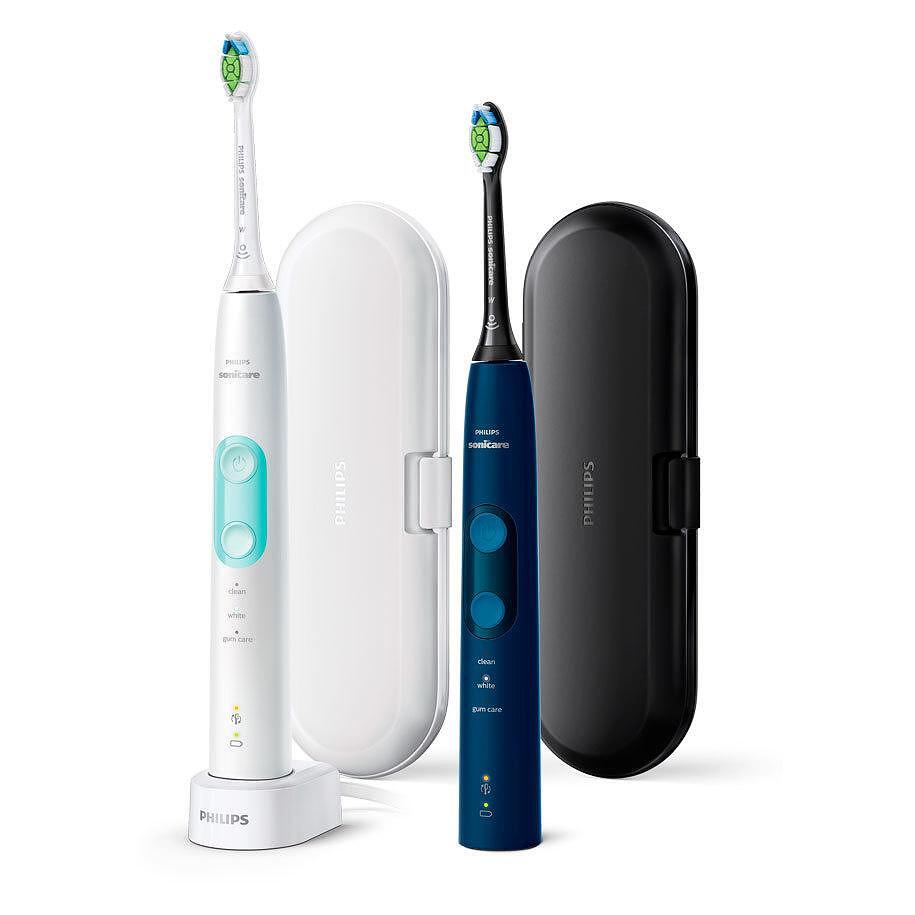 Set de 2 periuțe de dinți electrice Philips Sonicare ProtectiveClean HX6851/34, 62000 mișcări/minut, 3 moduri de curățare, senzor de presiune, funcție BrushSync, 2 genți de transport, 2 capete de periuță, alb/albastru