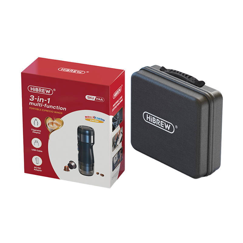 Cafetieră portabilă 3 în 1 HiBREW H4A-premium cu adaptor și geantă de transport, 80W, 15 bar, Negru