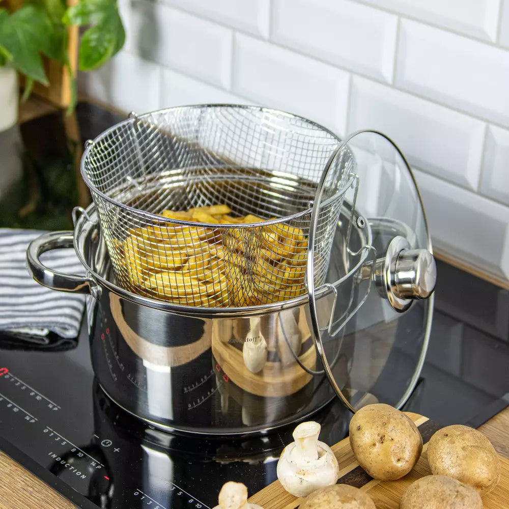 Cratiță KingHoff 1630 cu capac și friteuză, inox, 5,5 l, 24 cm