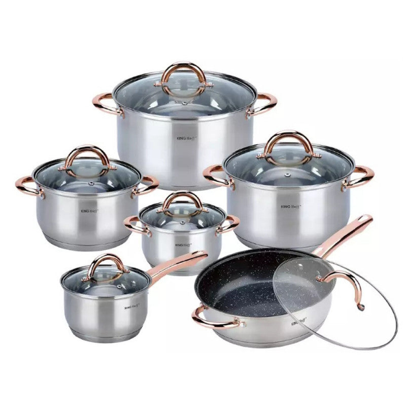 Set de oale și tigăi KingHoff 1766, 12 piese, tigăi placate cu marmură, inducție, oțel inoxidabil/auriu
