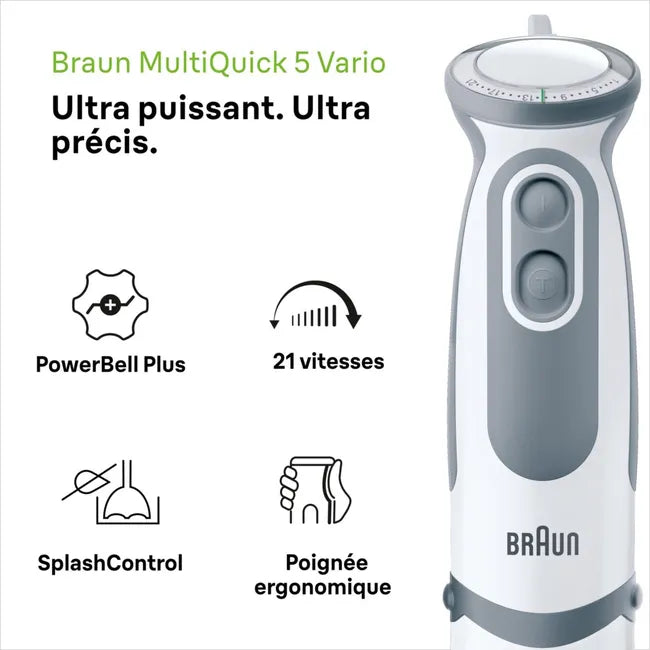 Blender Braun Multiquick 5200, 1000W, 0.6l, 21 setări de viteză, Alb/gri