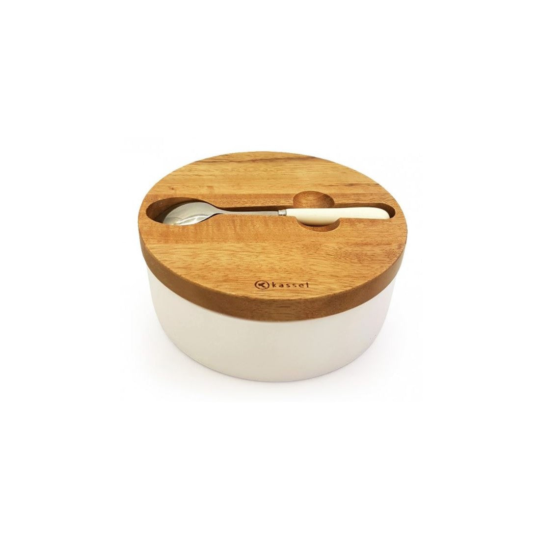 Zahărniță din porțelan Kassel 93557, lingură inclusă, capac din lemn de salcâm, 3 părți