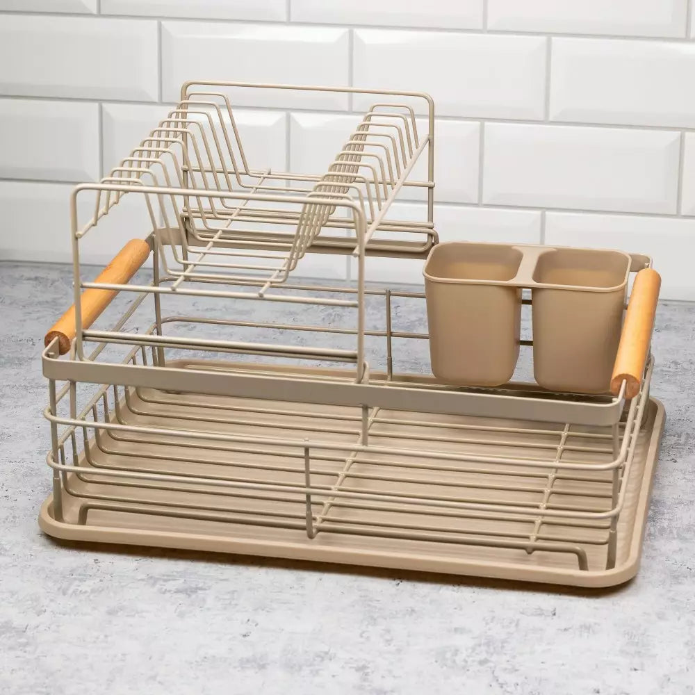 Uscător de vase Kinghoff, 2 niveluri, suport pentru tacâmuri, bambus