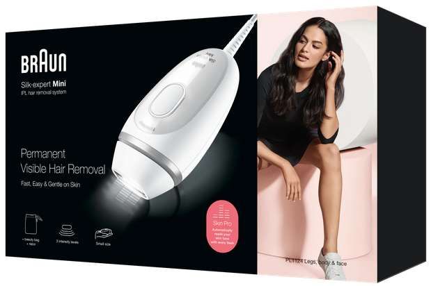 Fotoepilator Braun IPL Silk expert Mini PL1124 IPL, SensoAdapt, 300.000 de impulsuri, 3 niveluri de intensitate, Corp și față, aparat de ras Venus, geantă de călătorie, alb/gri