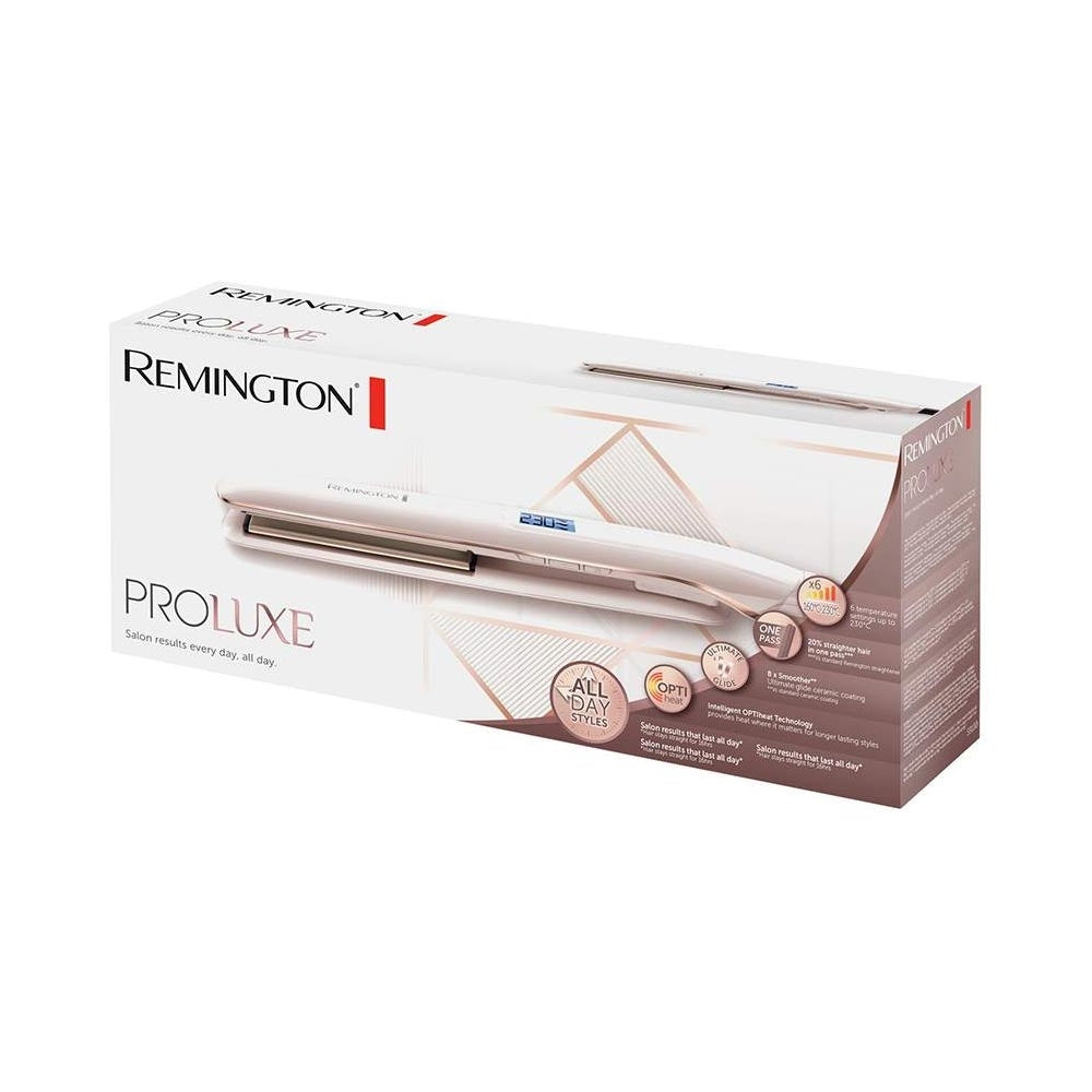 Placă de îndreptat părul Remington PROluxe S9100, plăci ceramice Ultimate Glide, OPTIheat, 230°, LCD, 9 setări de temperatură, încălzire rapidă, alb