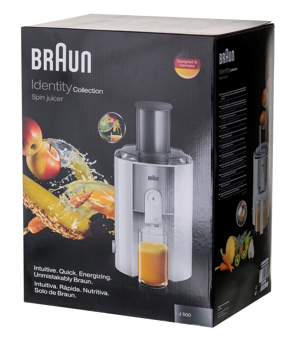 Storcător de fructe Braun J500WH, 900 W, Recipient suc 1,25 l, Recipient pulpă 2 l, 2 viteze, Alb