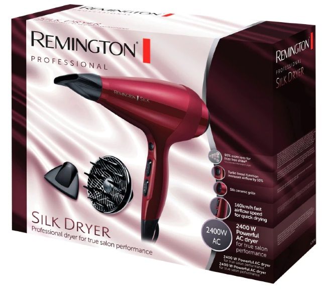 Uscător de păr Remington Silk, AC9096, 2400W, 3 viteze, mod Turbo, difuzor, roșu