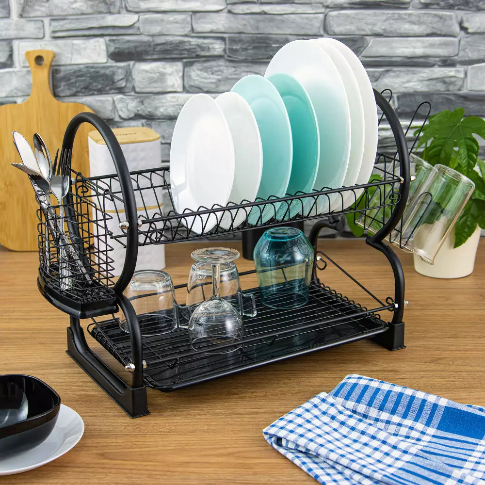 Uscător de vase Kinghoff 1500 cu 2 niveluri, 56,5 cm, Suporturi pentru pahare și tacâmuri, Negru