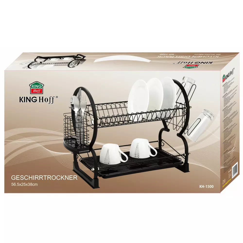Uscător de vase Kinghoff 1500 cu 2 niveluri, 56,5 cm, Suporturi pentru pahare și tacâmuri, Negru