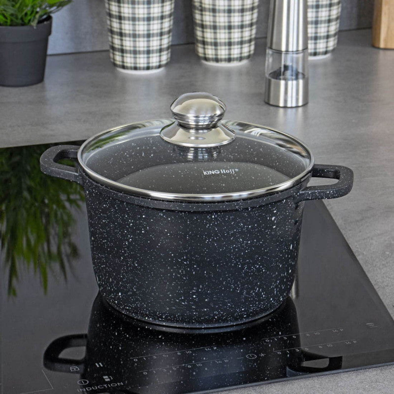 Cratiță adâncă Kinghoff 1599, 10 L, Finisaj marmorat, Inducție, Negru