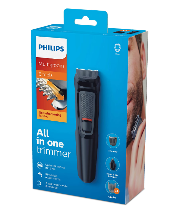 Aparat de tuns facial multifuncțional 6 în 1 Philips Multigroom MG3710/15, Fără fir, Lame auto-ascuțitoare, 4 piepteni, Negru
