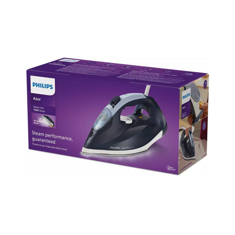 Fier de călcat Philips Azur DST7030/20, 2800 W, 50 g/min, jet de abur de 250 g, SteamGlide Plus, Albastru