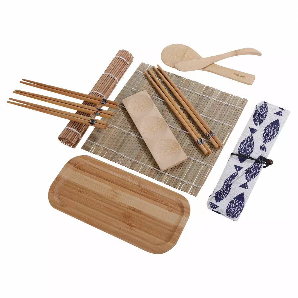 Set de sushi KingHoff 1704, 11 piese, 100% bambus, fără BPA, maro